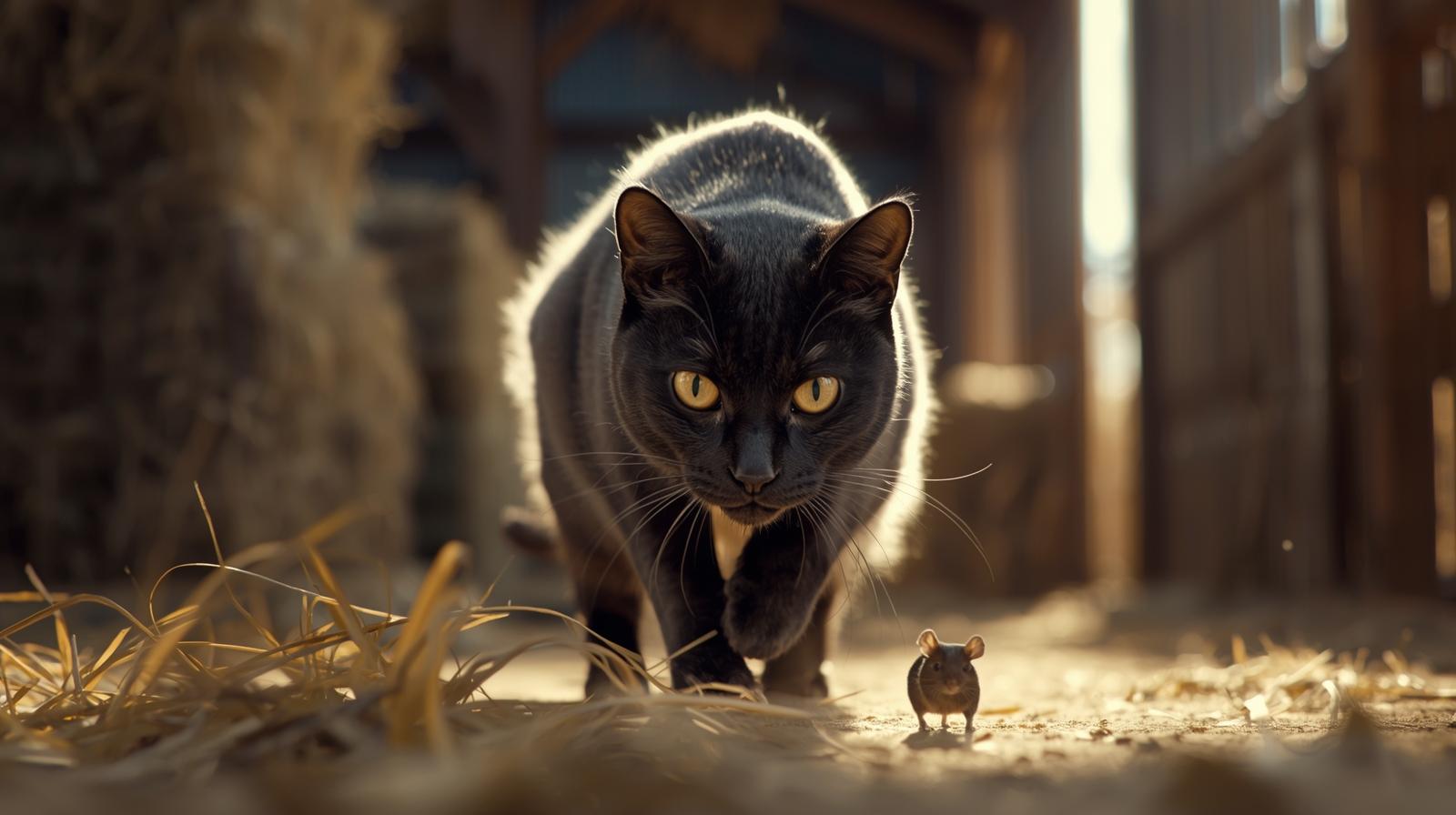 Eine dunkle Katze auf der Prisch im Stall. Vor ihr läuft eine Maus. KI-generiert