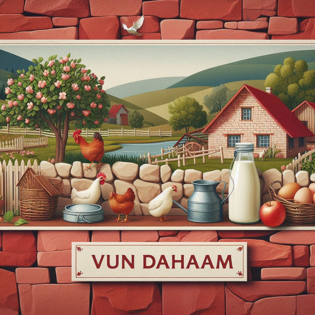 Grafische Darstellung dörfliche Szene mit Schriftzug Vun Dahaam; KI-generiert