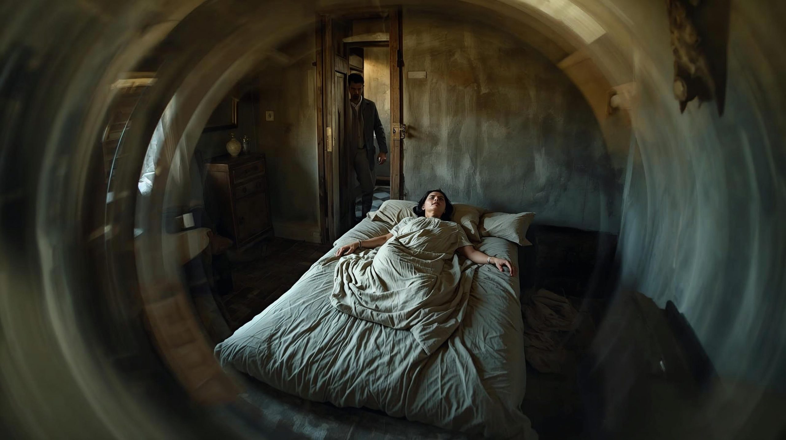 Eine Frau liegt im Bett, im Türrahmen steht ein Mann  und durch Krümmung des Bildes wird signalisiert, dass sich alles dreht. KI-generiert