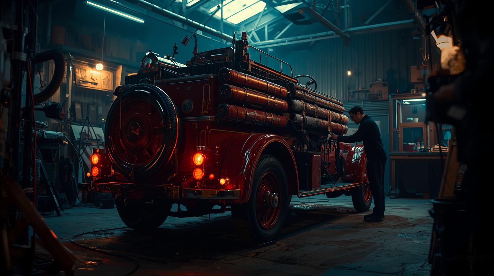 Ein altertümlicher Feuerwehrwagen wird in einer Werkstatt flott gemacht. KI-generiert