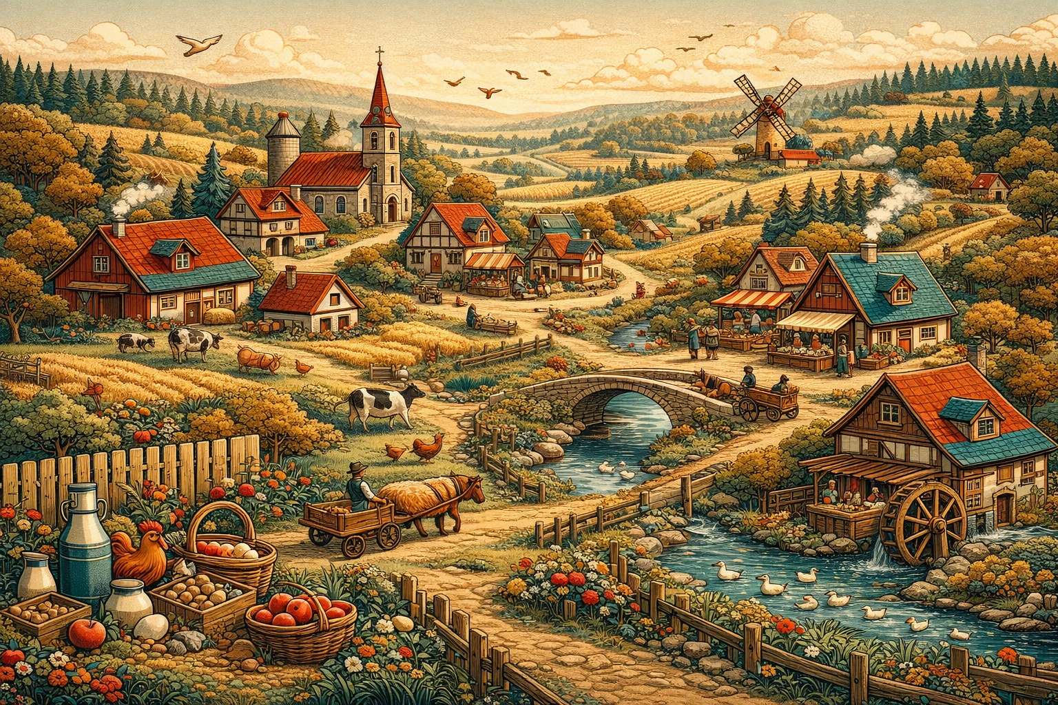 Stiliserte idealtypiasche Dorfansicht - Grafik KI