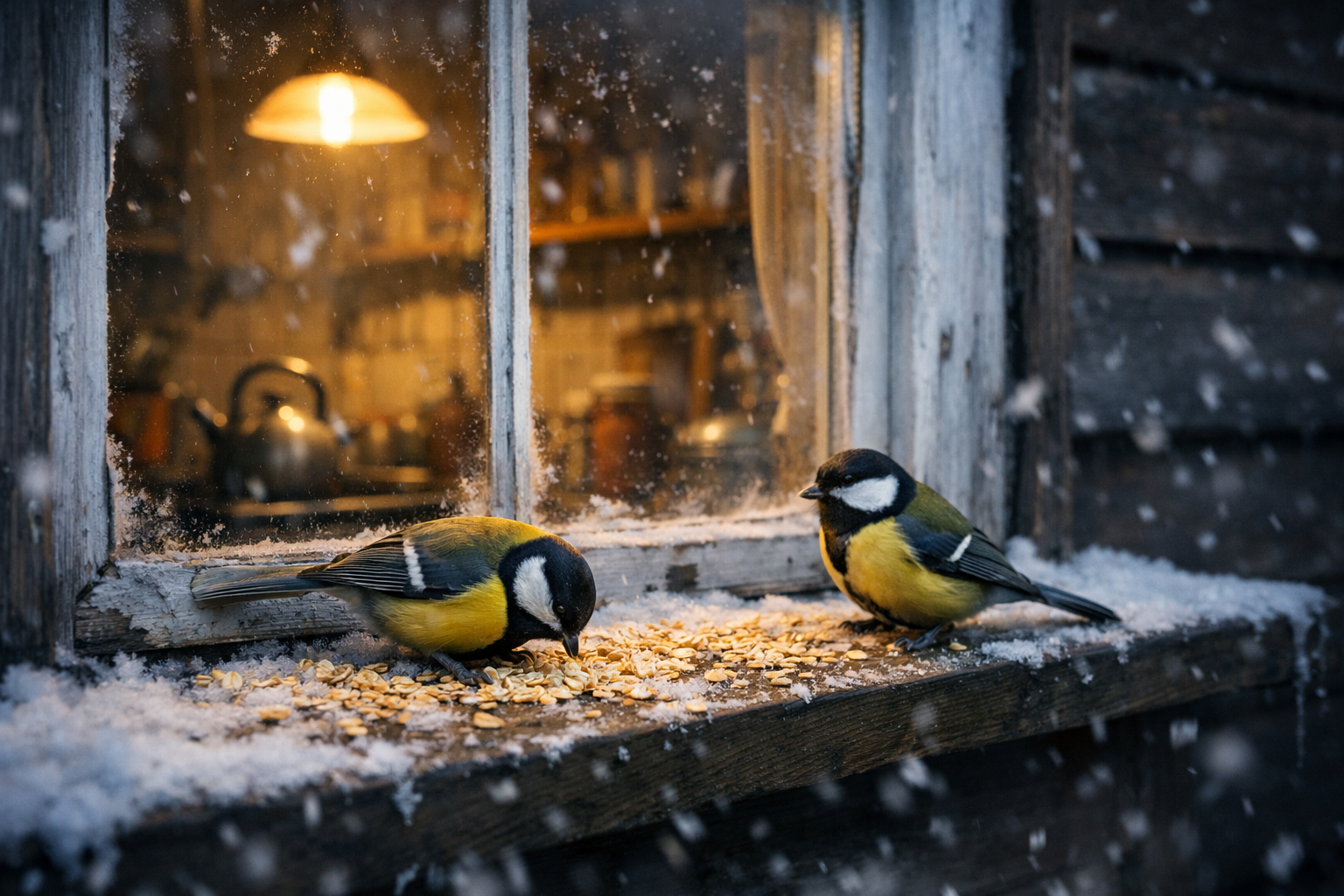 Zwei Meisen auf einer Fensterbank; KI-generiert