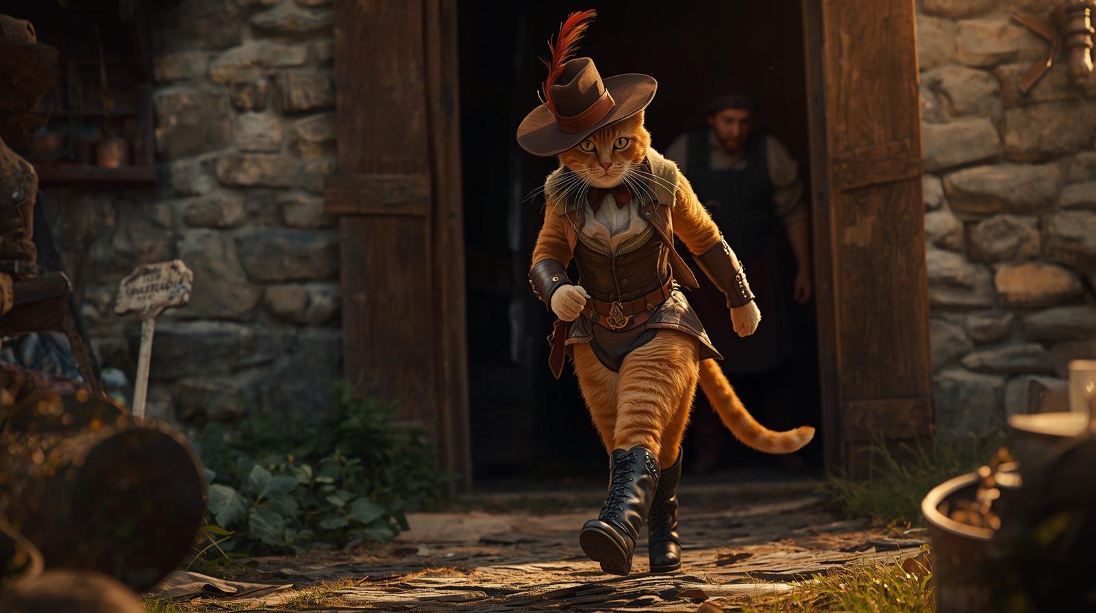 Ein Kater mit Wams und Stiefeln verläßt die altertümliche Mühle; KI-generiert
