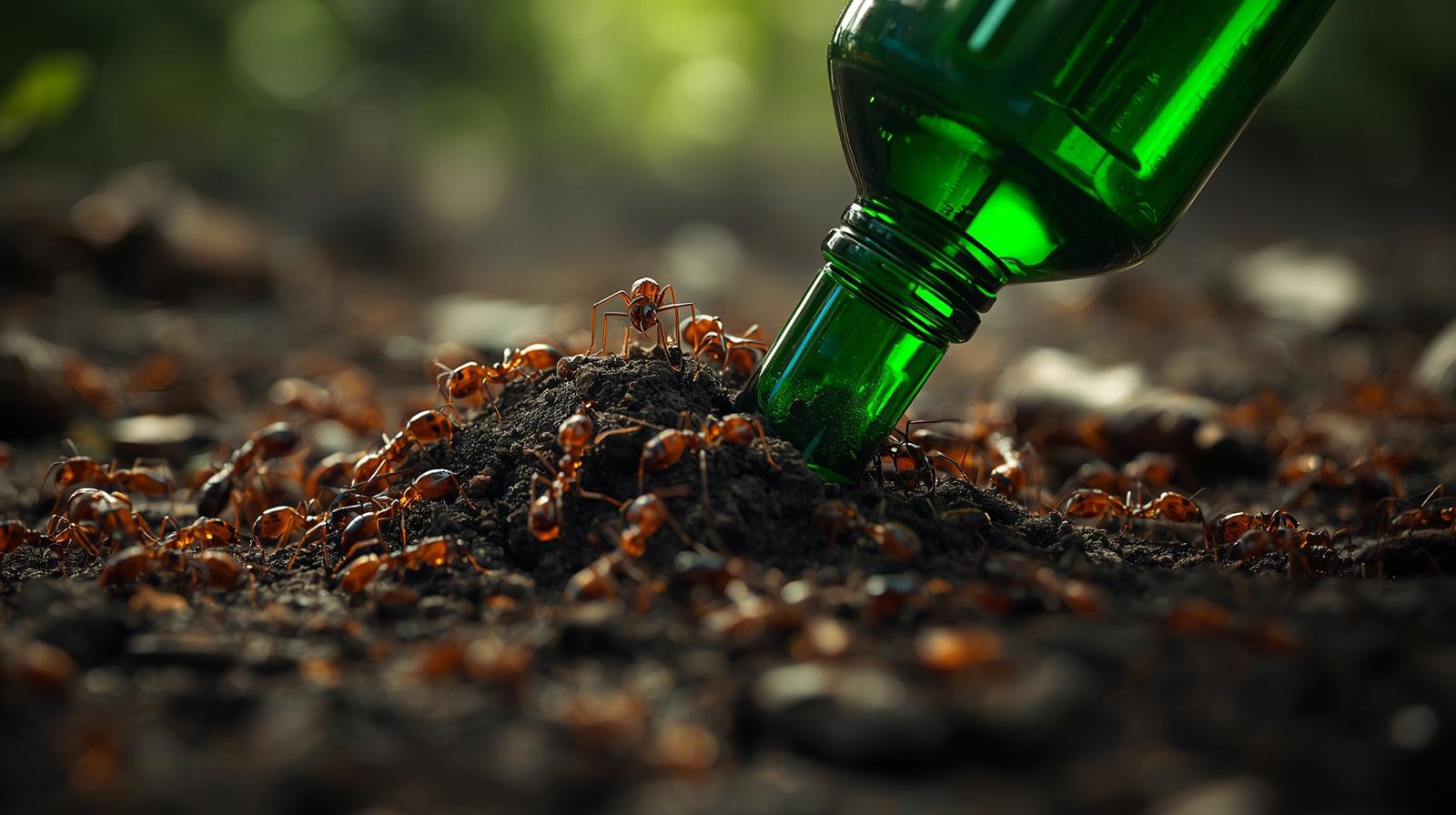 Grüne Glasflasche steckt mit dem Hals in einem Ameisenhaufen.