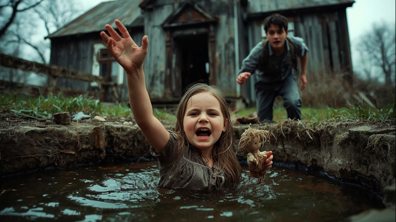 Ein kleines Mädchen vor einem Bauernhaus in die Jauchegrube gefallen, schreit um Hilfe. Ein kleiner Junge eilt hinzu und will helfen. KI-generiert