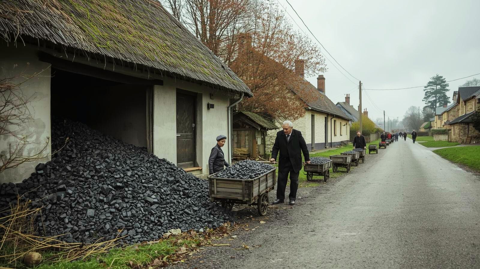 Eine Dorfstrasse an der eine Kohlenhandlung zu sehen ist. Vor einem großen Kohlehaufen stehen eine Mann im schwarzen Anzug und ein Junge, die ein Kohlewägelchen beladen. KI-generiert