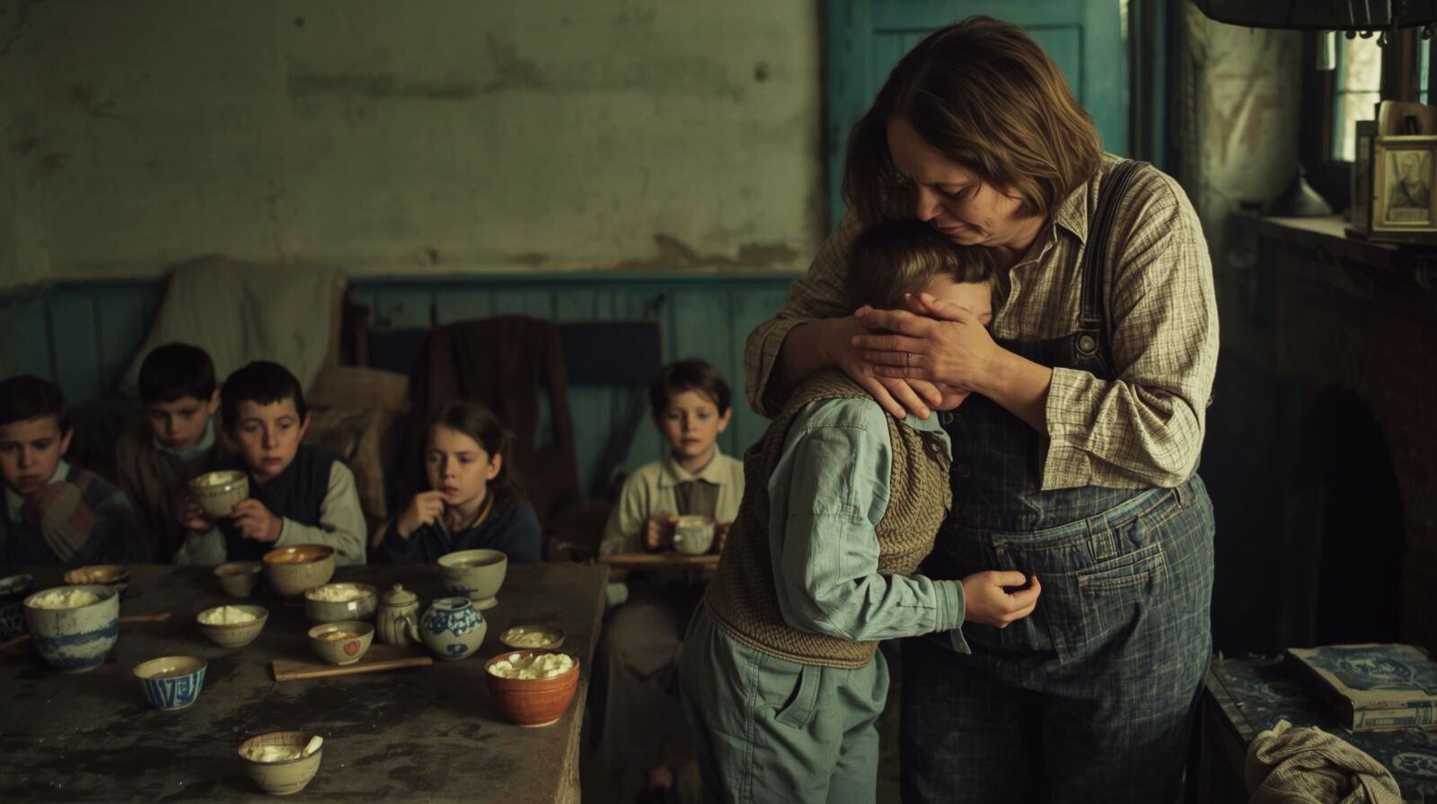 Ärmliche Bauernstube; die Bäuerin umarmt einen weinenden Jungen. Im Hintergrund sitzen die ärmlich gekleideten Kinder der Bäuerin um ein karges Mahl. KI-generiert