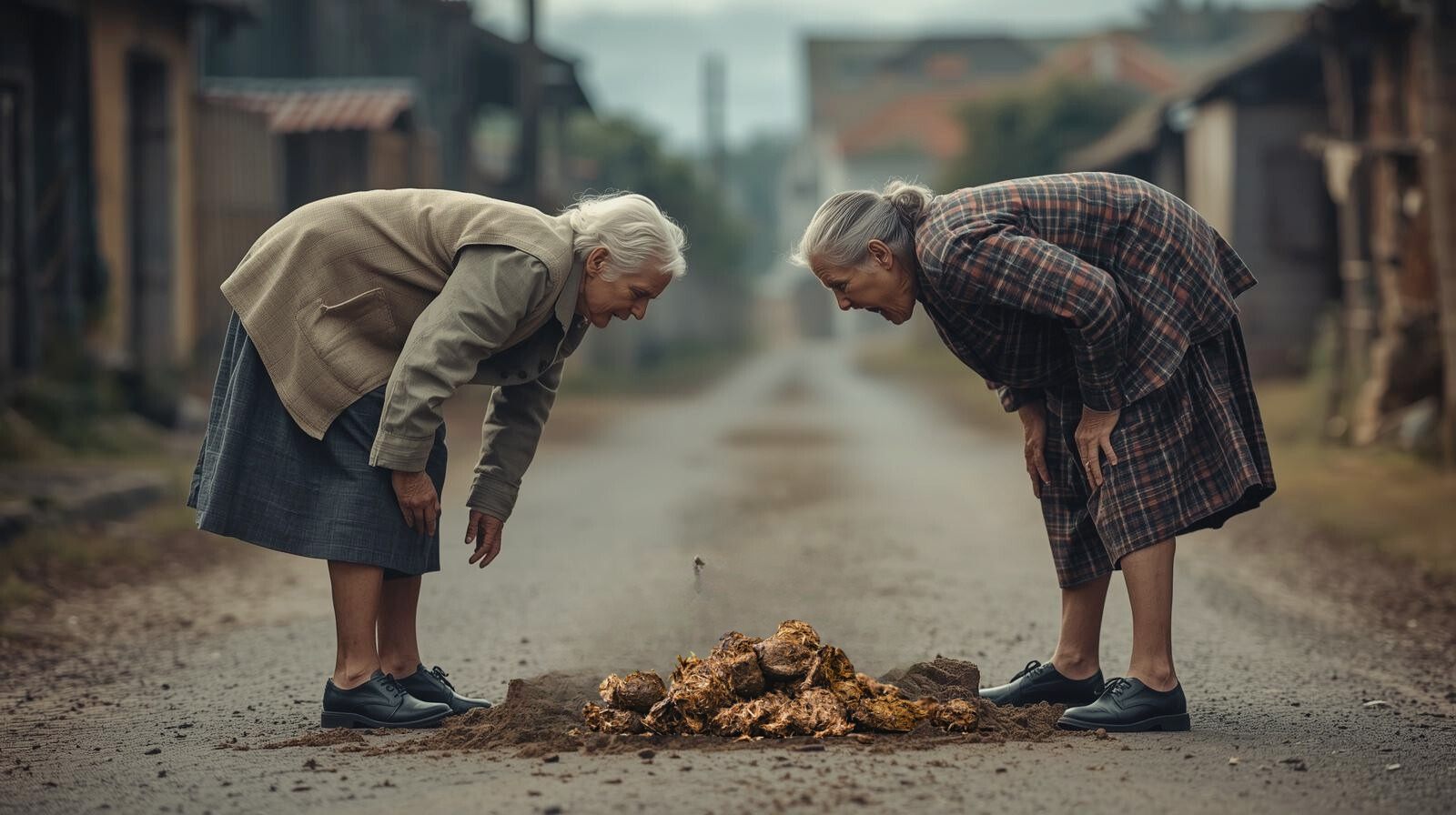 Auf einer Dorfstrasse giften sich zwei ältere Frauen an: Sie sind über einen Haufen Pferdemist gebeugt und streiten sich darum. KI-generiert