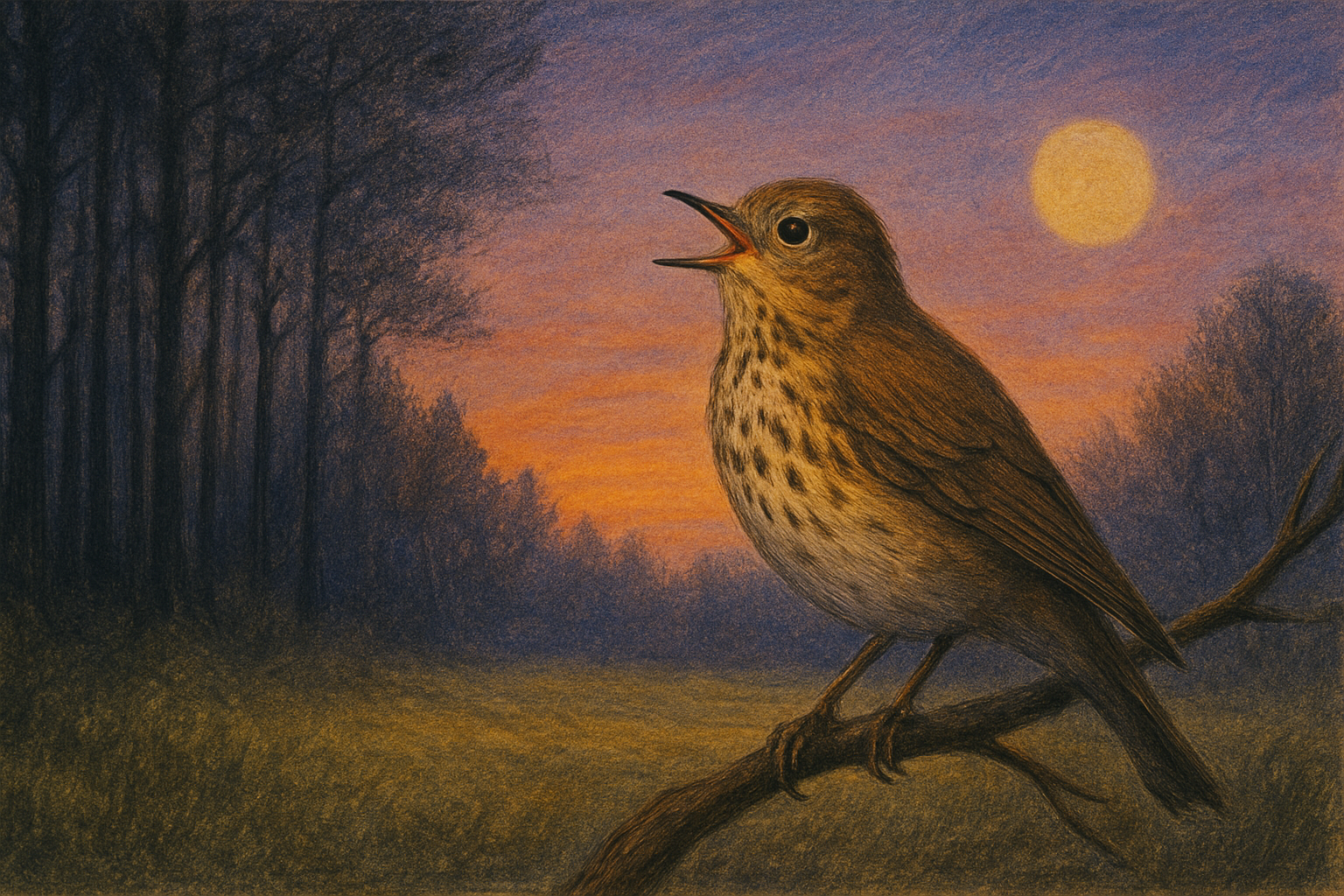 Zeichnung Nachtigall singt in der Abenddämmerung; teilweise KI-generiert