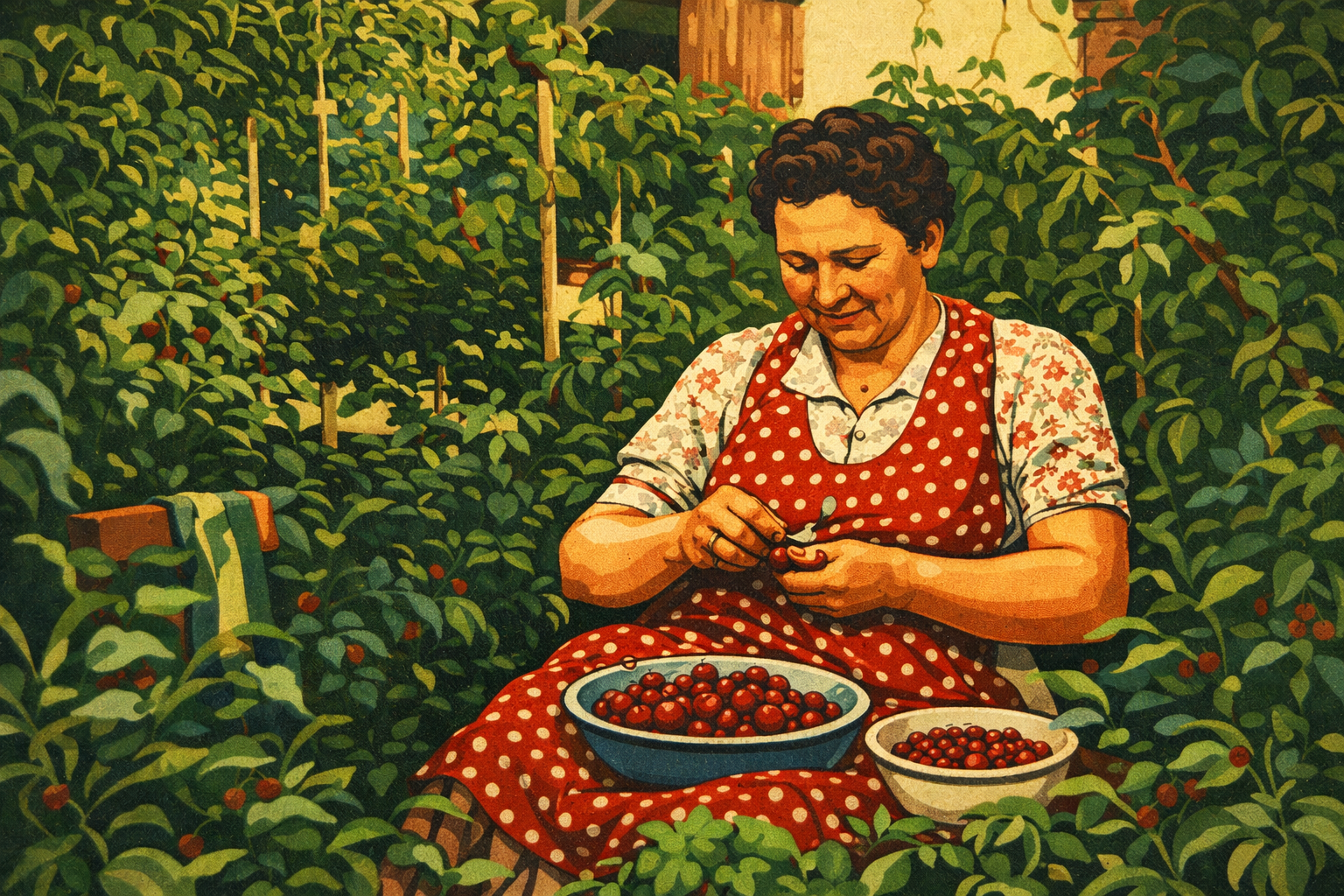 Meine Oma beim Kirschenentseinen als junge Frau; z.T KI-bearbeitet