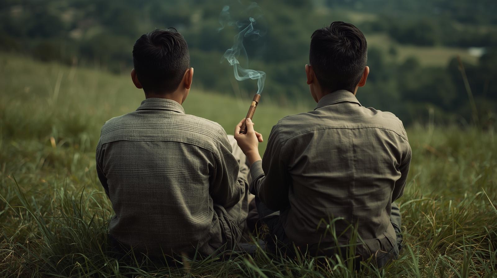Zwei Jungen, man sieht sie von hinten, sitzen auf einem Hügel. Einer hält eine brennende Zigarre in der Hand; KI-generiert