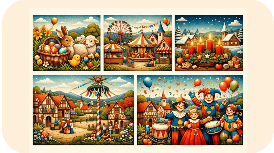 KI-Genereirte Grafik, die inm kleinen stilisierten Bilder folgende Feste zeigt: Kirmes, Maibaum, Advent, Ostern