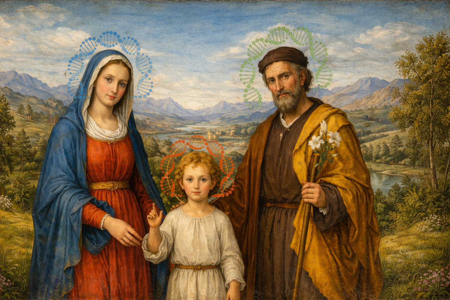 Im Vordergrung Maria, Jesus als Kind und Josef vor einer weiten Landschaft - statt eines Heiligenscheins schwegt über ihren Köpfen eine kreisförmige DNA, grafisch angedeutet. KI generiert
