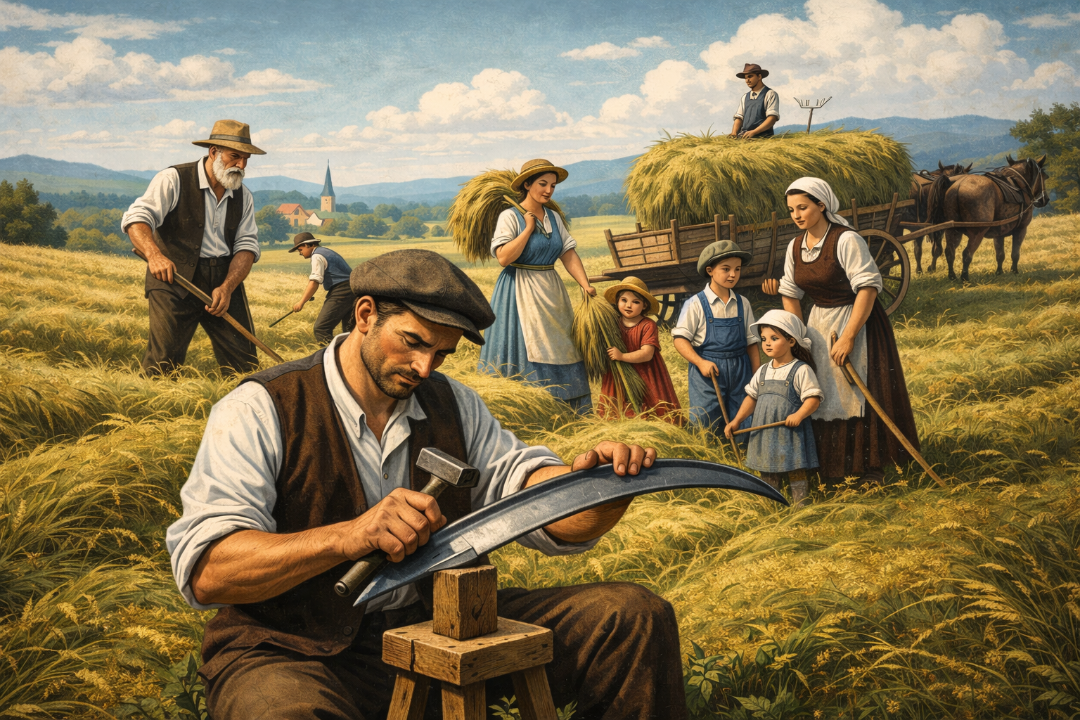 Grafische Darstellung einer Großfamilie bei der Heuernte. Im Vordergrund dengelt ein Mann eine Sende; zT. KI-generiert