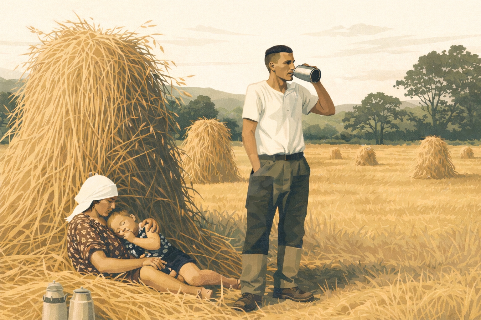 Familie, Vater, Mutter Kind, bei der Kornernte ruht sich vor ener Korngarbe aus. Zt. KI-bearbeitet