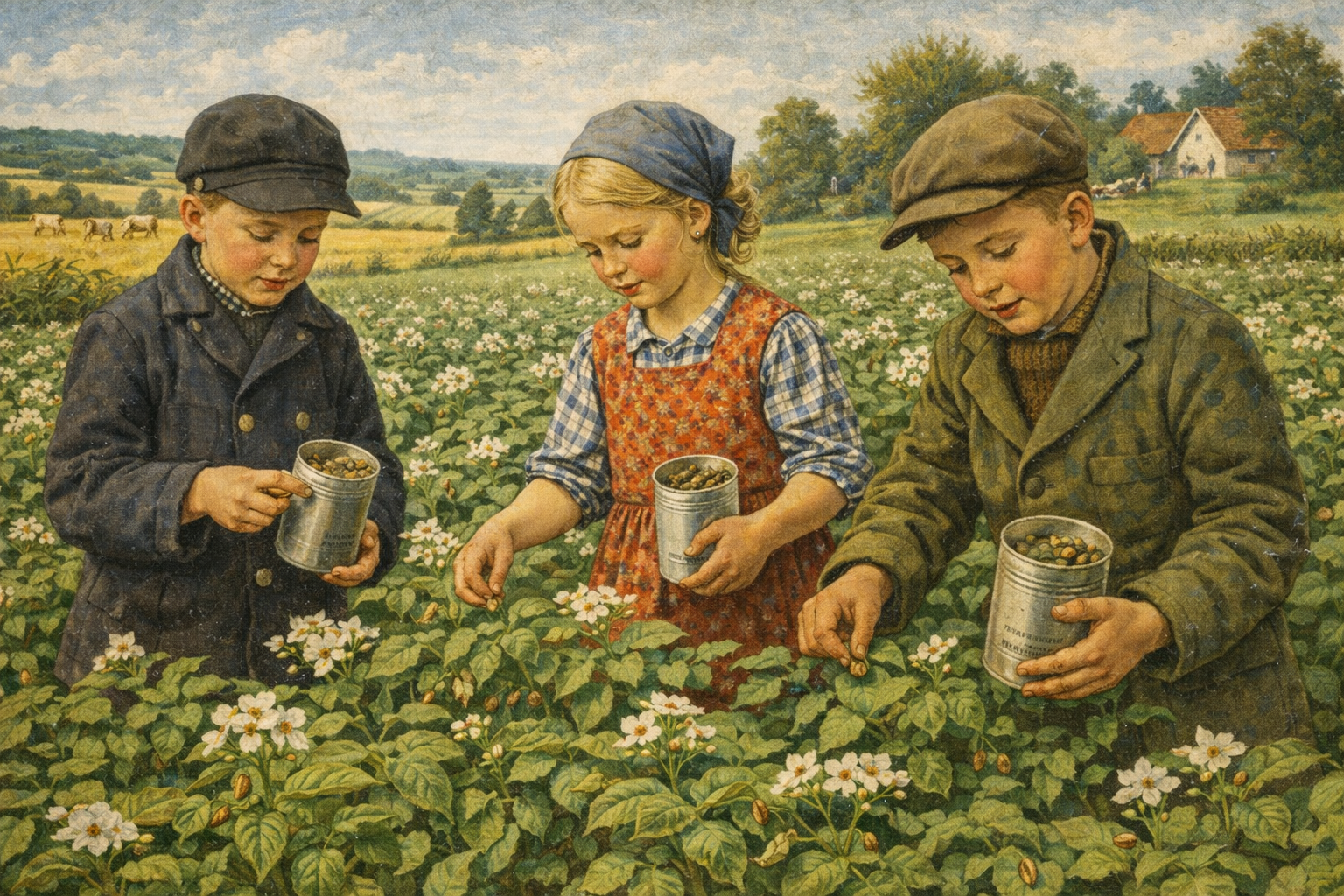 Drei Kinder sammeln in einem Kartoffelfeld Kartoffelkäfer in Blechbüchsen ; KI-generierte Zeichnung