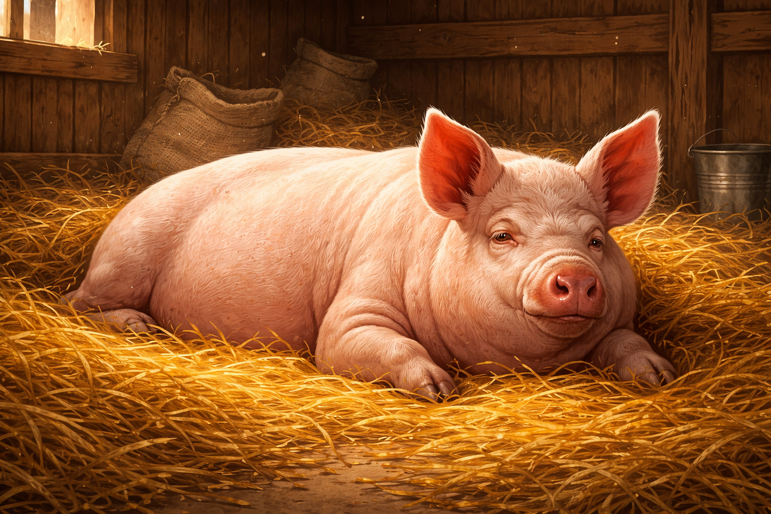 Eine Sau liegt im Stall auf Stroh; KI-generiert