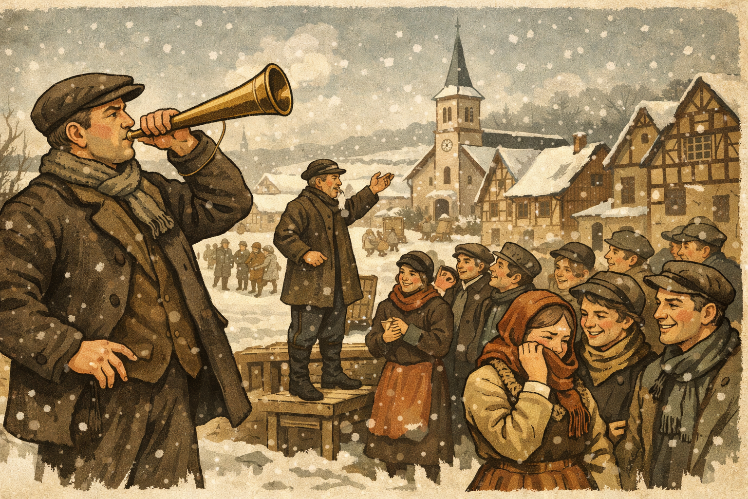 Jung Männer im Dorf beim Lehenausrufen, KI-generiert