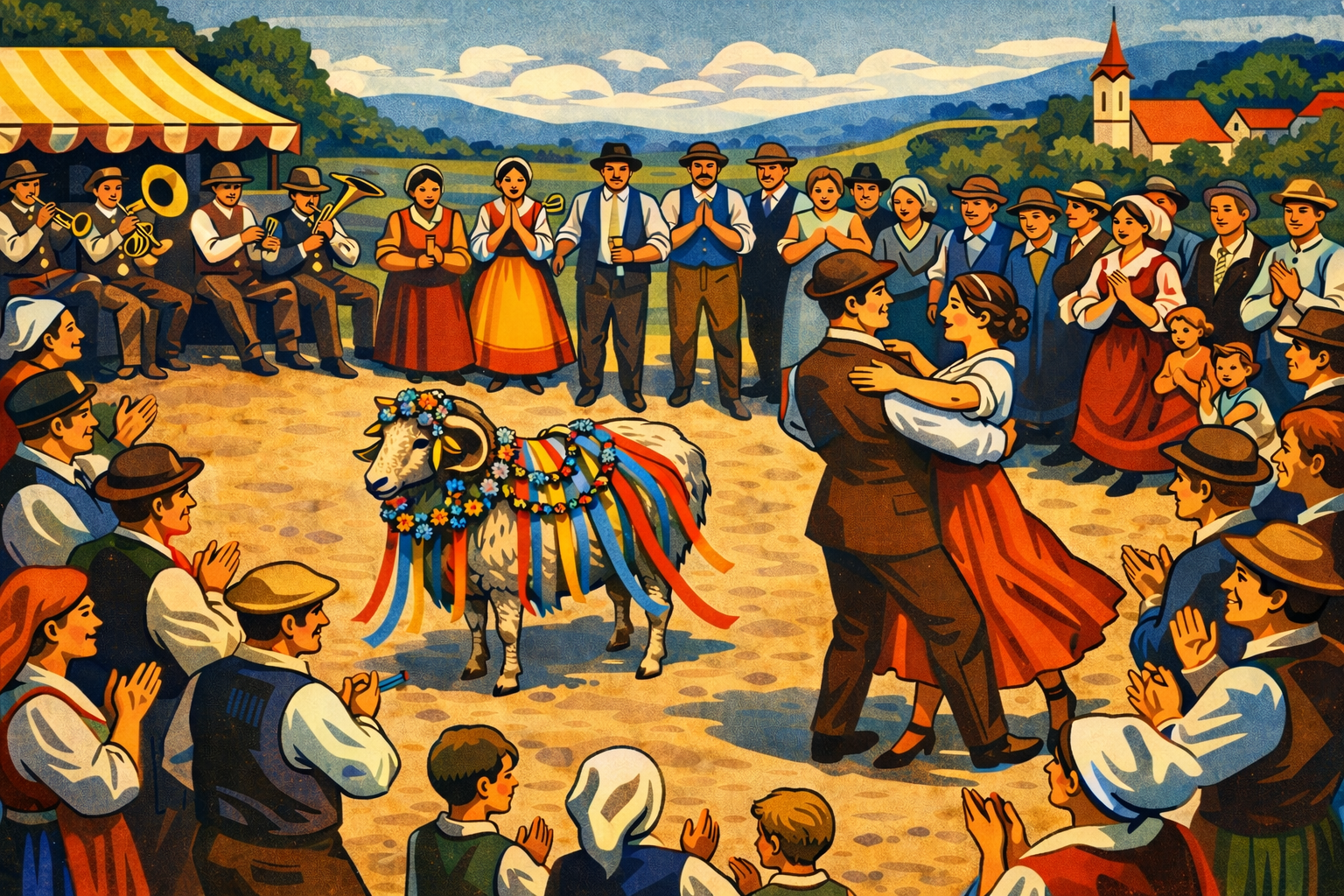 Dörfliche Festszene im Stil eines bunten Holzschnittes: In der Mitte einer dörflichen FEstgemeinschaft tanz ein junges Paar um einen mit Bändern und Blumen geschmückten Hammel. KI-generiert