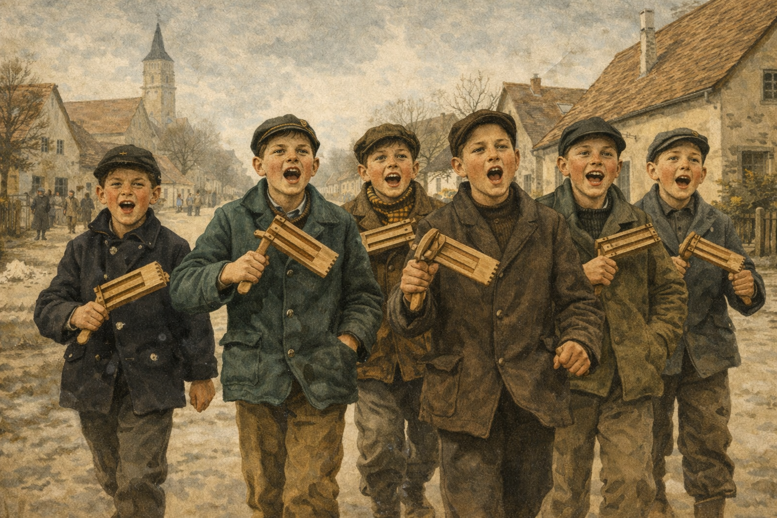 Dorfjungen laufen rufend und ihre Raspel schwingend eine Dorfstraße entlang; KI-generiert