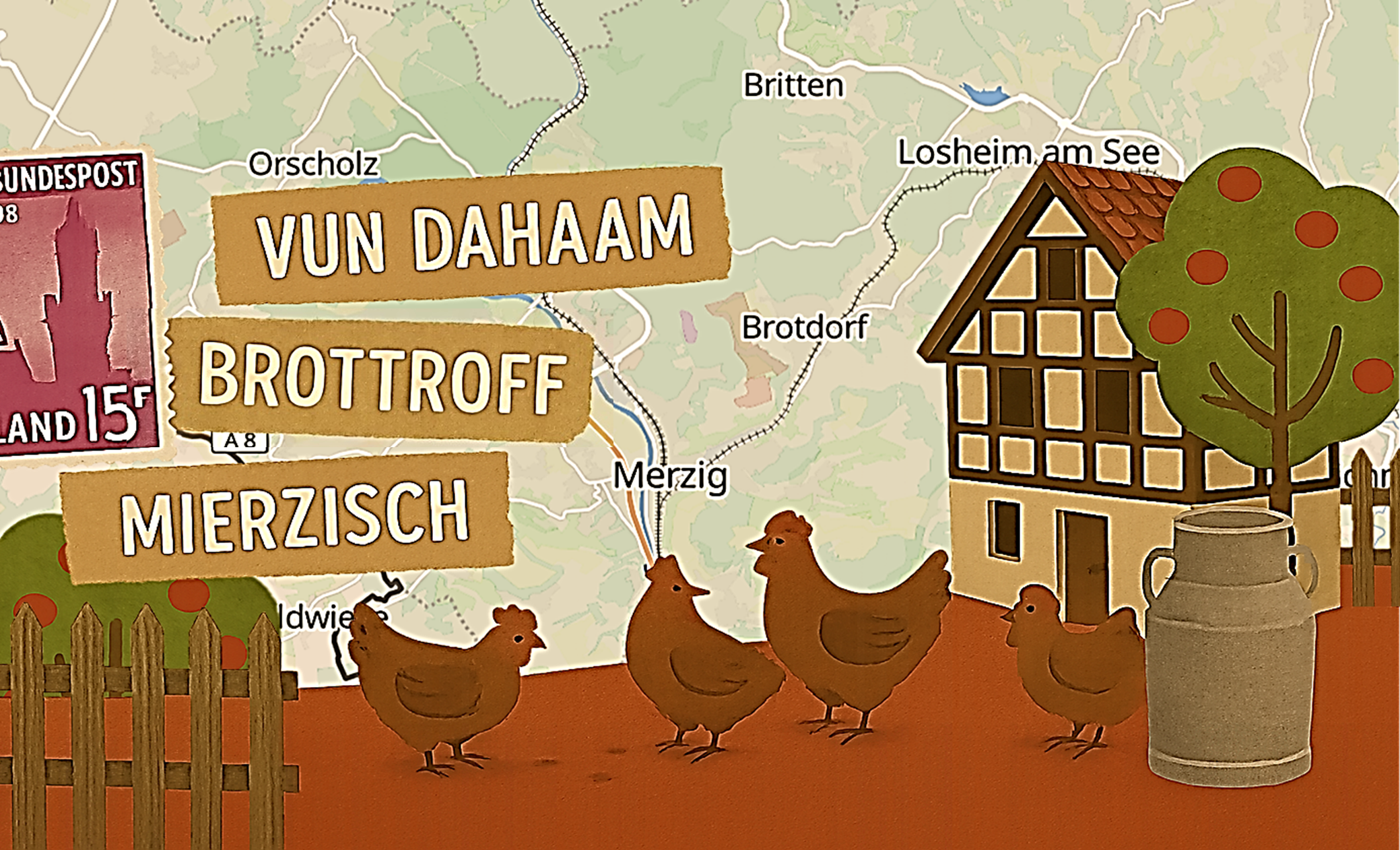 Vun Dahaam - Titelgrafik; mit den Ortsnamen Brottroff (Brotdorf) und Mierzich (Merzig); im Hintergrund kartogfrafisch angedeutet: Ausschnitt Landkreis Merzig-Wadern; z.T KI-generiert