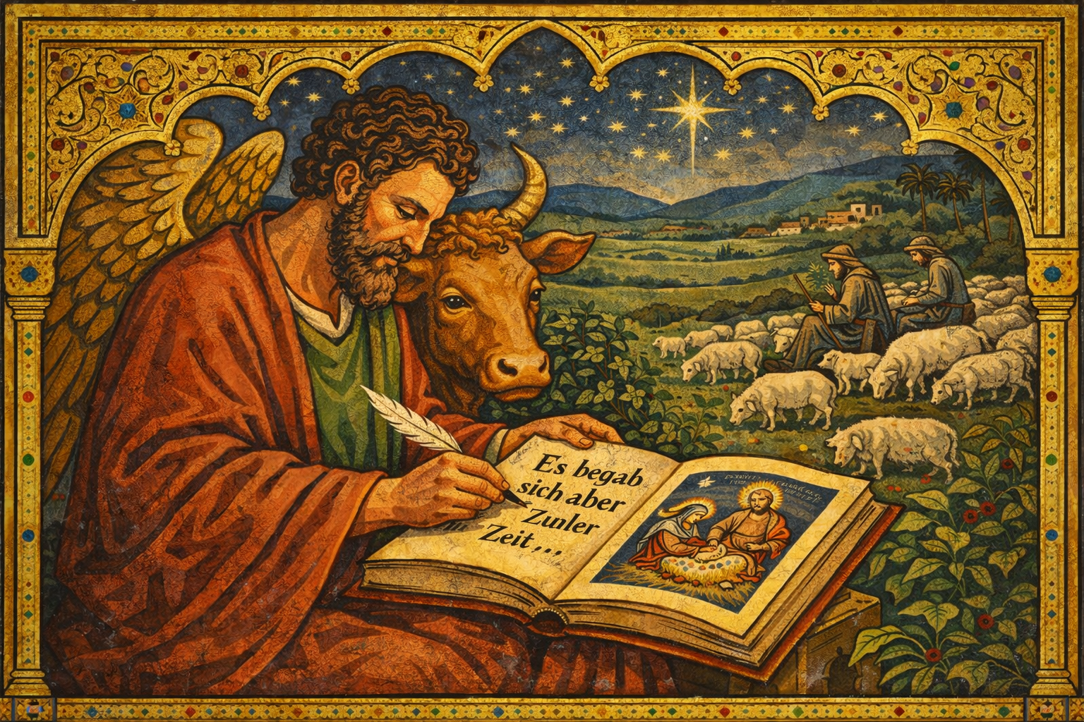 Evangelist Lukas schreibt über die Geburt Jesu; KI-generiert