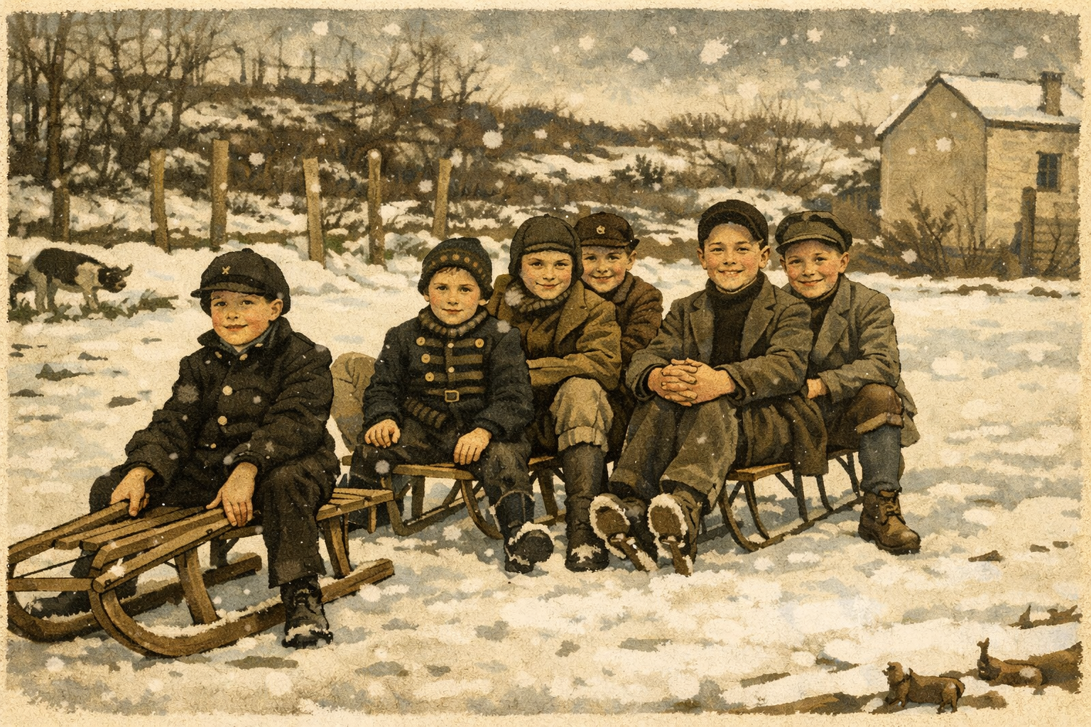 Eine Reihe von Dorfjungen sitzen auf ihren Schlitten im Schnee und schauen lachend in die Kamera; z.T. KI-generiert