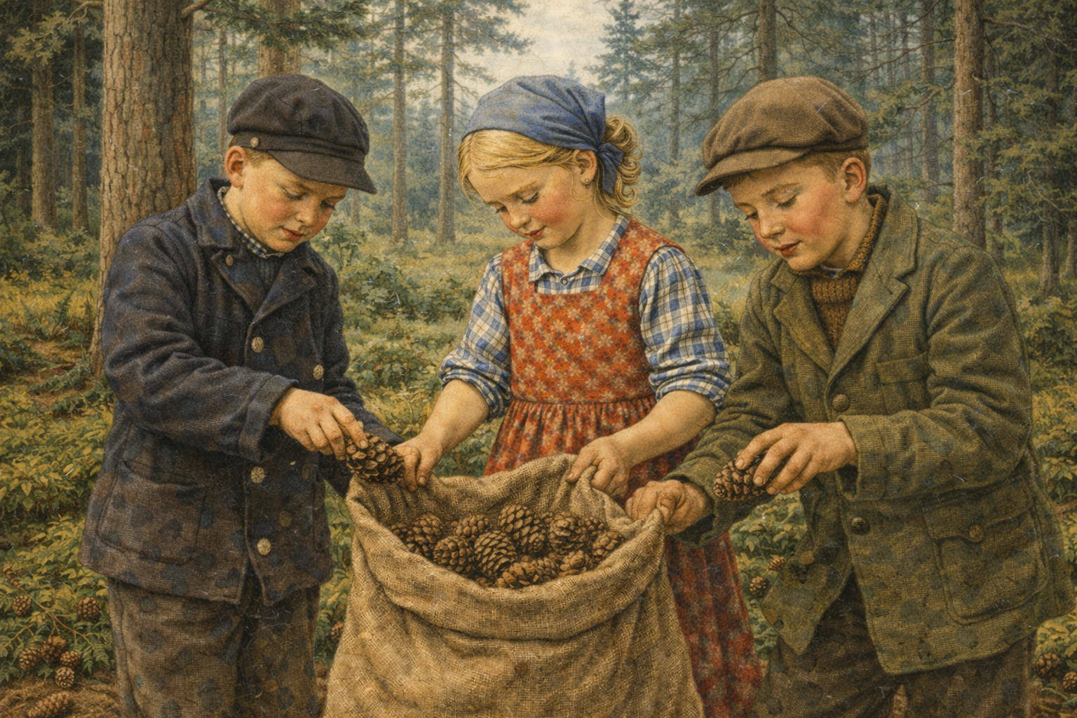 Drei Kinder sammeln Tannen- und Kiefernzapfen; KI-generierte Zeichnung