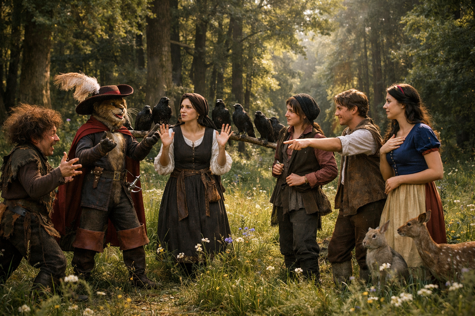 fiktive filmisch anmutende Szene: Märchenfiguren aus den Märchen der Brüder Grimm reden auf einer Waldlichtung miteinander; KI-generiert